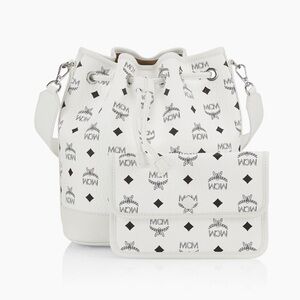 MCM White and Black Logo Bucket Bag with Clutch